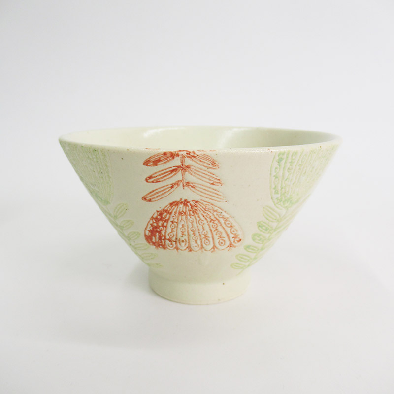 二色フラワー飯碗　オレンジ×グリーン